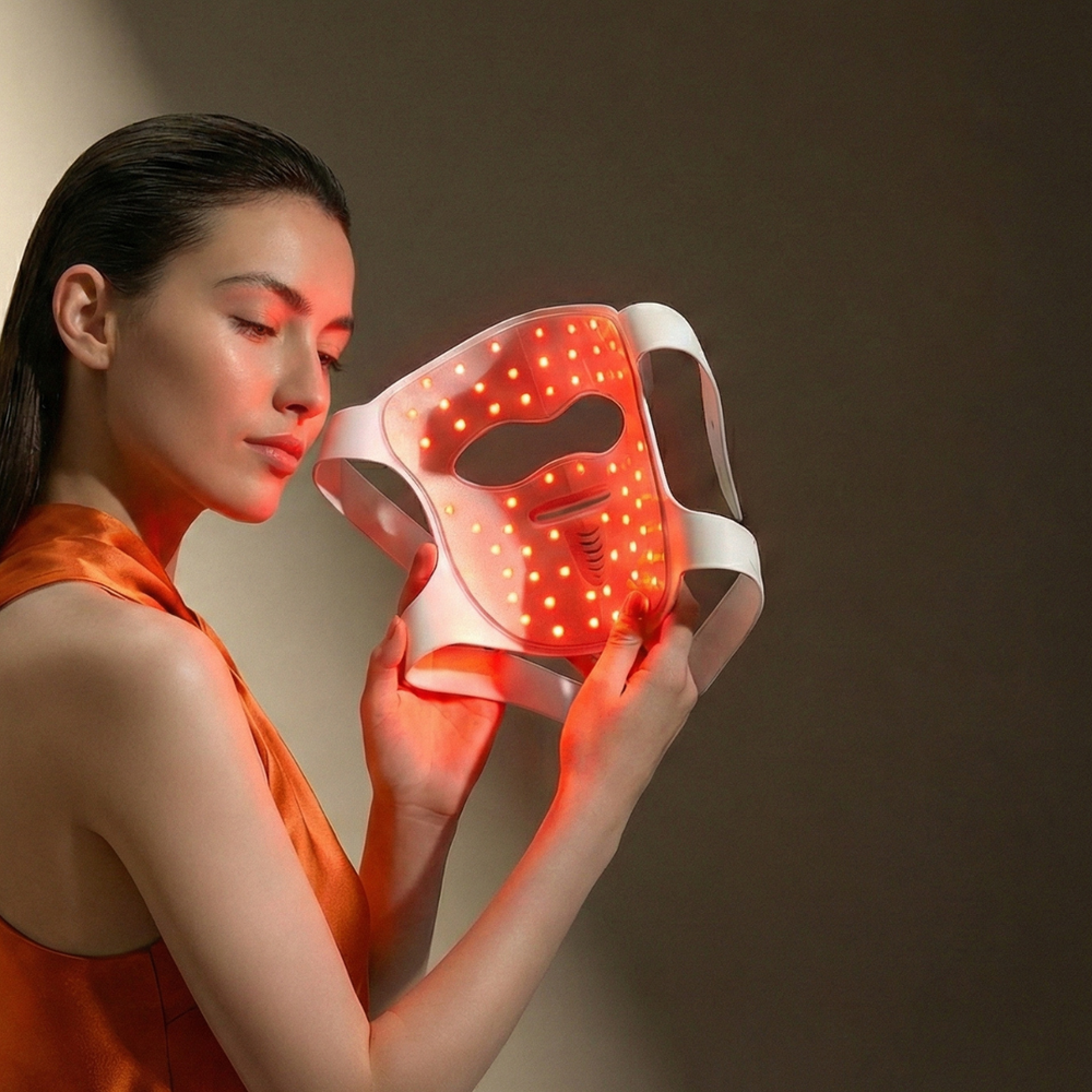 A woman holding the Lavinte mask, LEDs glowing red