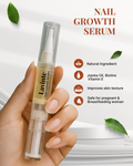 Nail growth serum with a hand holding it, set against a light background with green leaves.